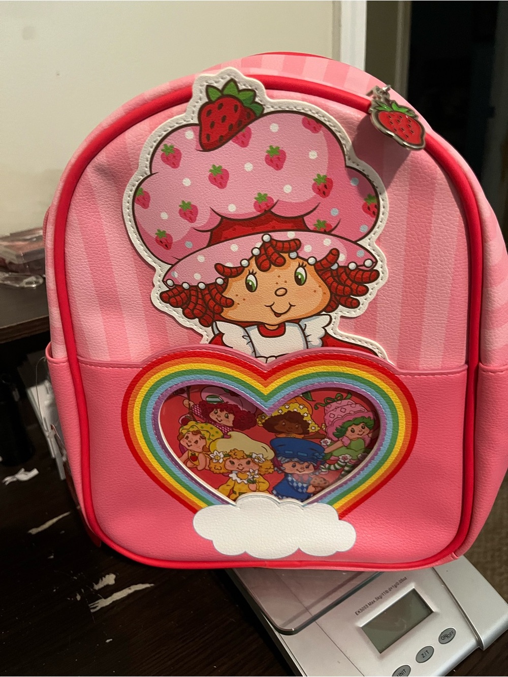 Pink Strawberry Character Kids Backpack with Rainbow Heart Window